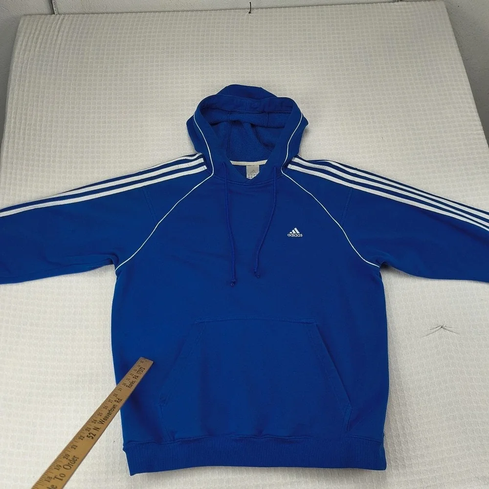 Adidas Mens Large Blue 3-Stripes Raglan Pullover Hoodie Sweatshirt Vintage Style